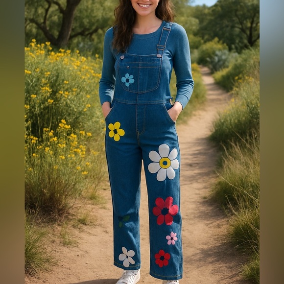 Misslook Painted Flowers Denim Bib Overalls Women Size Medium Casual Boho Hippie - Picture 1 of 7